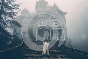 Ghost a victorian woman and old haunted mansion. Horror house