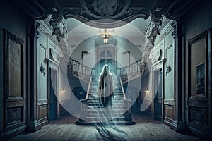 Ghost walking up the stairs in a Haunted House - Ai Generative