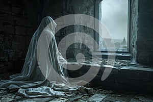 Ghost in a white hoodie sits by an open window in an abandoned castle