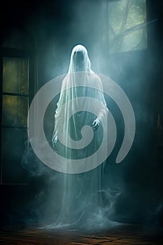 Ghost in white robe in old haunted house