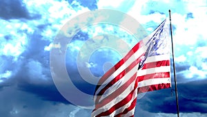 Ghosted Slow Motion American Flag Waving In Wind with Time-lapse Clouds