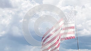 Ghosted Slow Motion American Flag Waving In Wind with Time-lapse Clouds