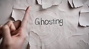 Ghosting word written on damaged paper background with finger pointing at it, representing social media and dating photo