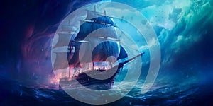 ghostly adventure aboard a spectral ship, with capturing the ethereal beauty of a journey across haunted waters.