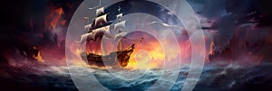 ghostly adventure aboard a spectral ship, with capturing the ethereal beauty of a journey across haunted waters.