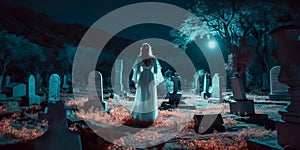 ghostly apparition of a woman in white, standing in front of a moonlit graveyard, her hair and dress flowing in the wind