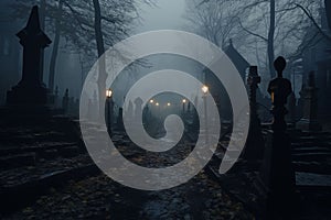 Ghostly Cemetery Path A fogcovered path leading