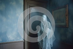 ghostly face appearing in misty doorway