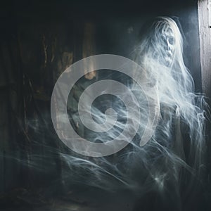 a ghostly figure in a dark room with smoke coming out of it