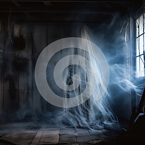 a ghostly figure in a dark room with smoke coming out of the window