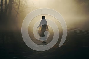 Ghostly figure floating above a misty pond