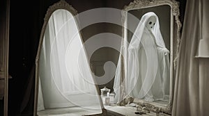 A ghostly figure in an old-fashioned mirror.