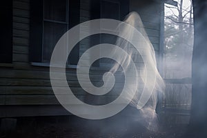 a ghostly figure standing in front of a house