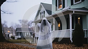 a ghostly figure standing in front of a house