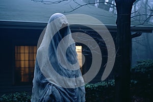 a ghostly figure standing in front of a house