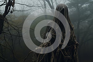 a ghostly figure standing in the woods