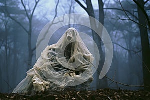 a ghostly figure standing in the woods