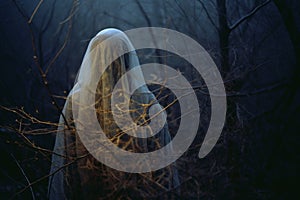 a ghostly figure standing in the woods at night