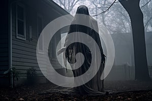 a ghostly figure stands in front of a house