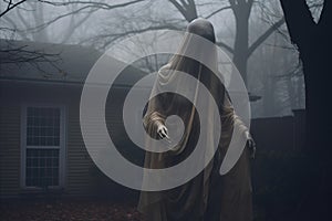 a ghostly figure stands in front of a house