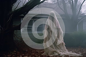 a ghostly figure stands in front of a house