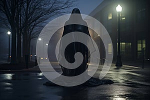 a ghostly figure stands in the middle of a street at night