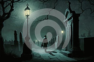 ghostly figure walking among the graves, with lantern in hand