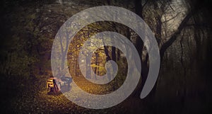 Ghostly girl playing the piano in a foggy forest