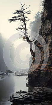 Ghostly Lone Tree On Cliff: A Captivating Uhd Image Of Rural China