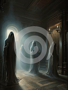 A ghostly mist hung in the dark hall glowering figures flickering in the shadows. Gothic art. AI generation