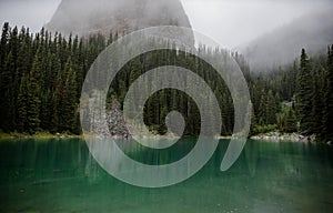 Ghostly mountain forest. Tranquil landscape of glacial lake with pointed fir tree tops, Lake Louise, Banff, Canada