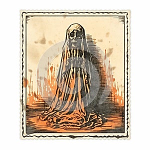 Ghostly Necronomicon: A Haunting Image On An Orange Cloth photo