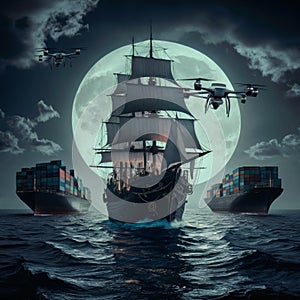 A ghostly pirate ship of the digital age prowling container vessels on a moonlit sea, photo