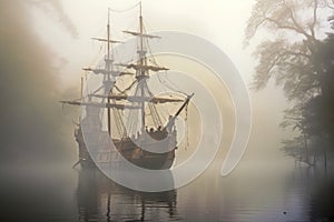 ghostly pirate ship emerging from eerie fog