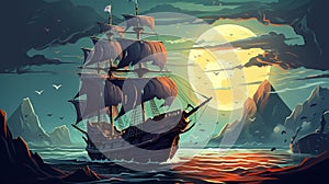 ghostly pirate ship, ghost boat, halloween background, 2d cartoon illustration, generative ai