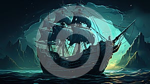 ghostly pirate ship, ghost boat, halloween background, 2d cartoon illustration, generative ai