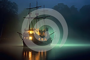 ghostly pirate ship illuminated by moonlight, drifting through fog