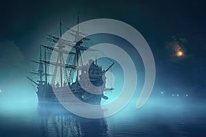 ghostly pirate ship illuminated by moonlight, drifting through fog