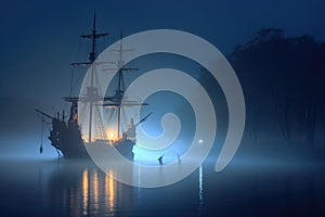 ghostly pirate ship illuminated by moonlight, drifting through fog