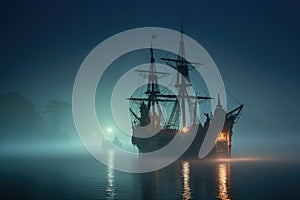 ghostly pirate ship illuminated by moonlight, drifting through fog