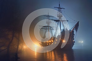 ghostly pirate ship sailing through a dense fog at night