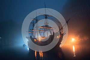 ghostly pirate ship sailing through a dense fog at night