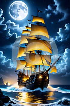 A ghostly pirate ship sailing on a stunning sea, in a night with full moon, starry sky, gentle waves, horor athmosphere, fantasy