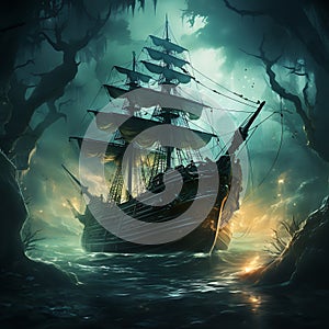 Ghostly pirate ship spectral crew, moonlit seas, tattered sails, haunted ambiance