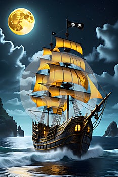 A ghostly pirate ship on a stunning sea, with the rocks in the night of full moon, gentle waves, starry sky, fluffy clouds