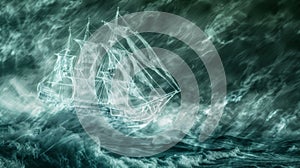 Ghostly Sailboat Navigating Stormy Seas Under Moonlight