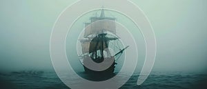 A ghostly sailing pirate ship emerges from a dense fog on the open sea, creating a mysterious and eerie maritime scene.