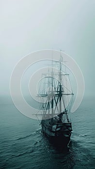 A ghostly sailing pirate ship emerges from a dense fog on the open sea, creating a mysterious and eerie maritime scene.