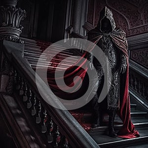 Ghostly specter lurking on gothic stairs