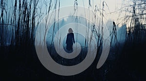 Ghostly Woman Walking Through Dark Woods: A Haunting Landscape